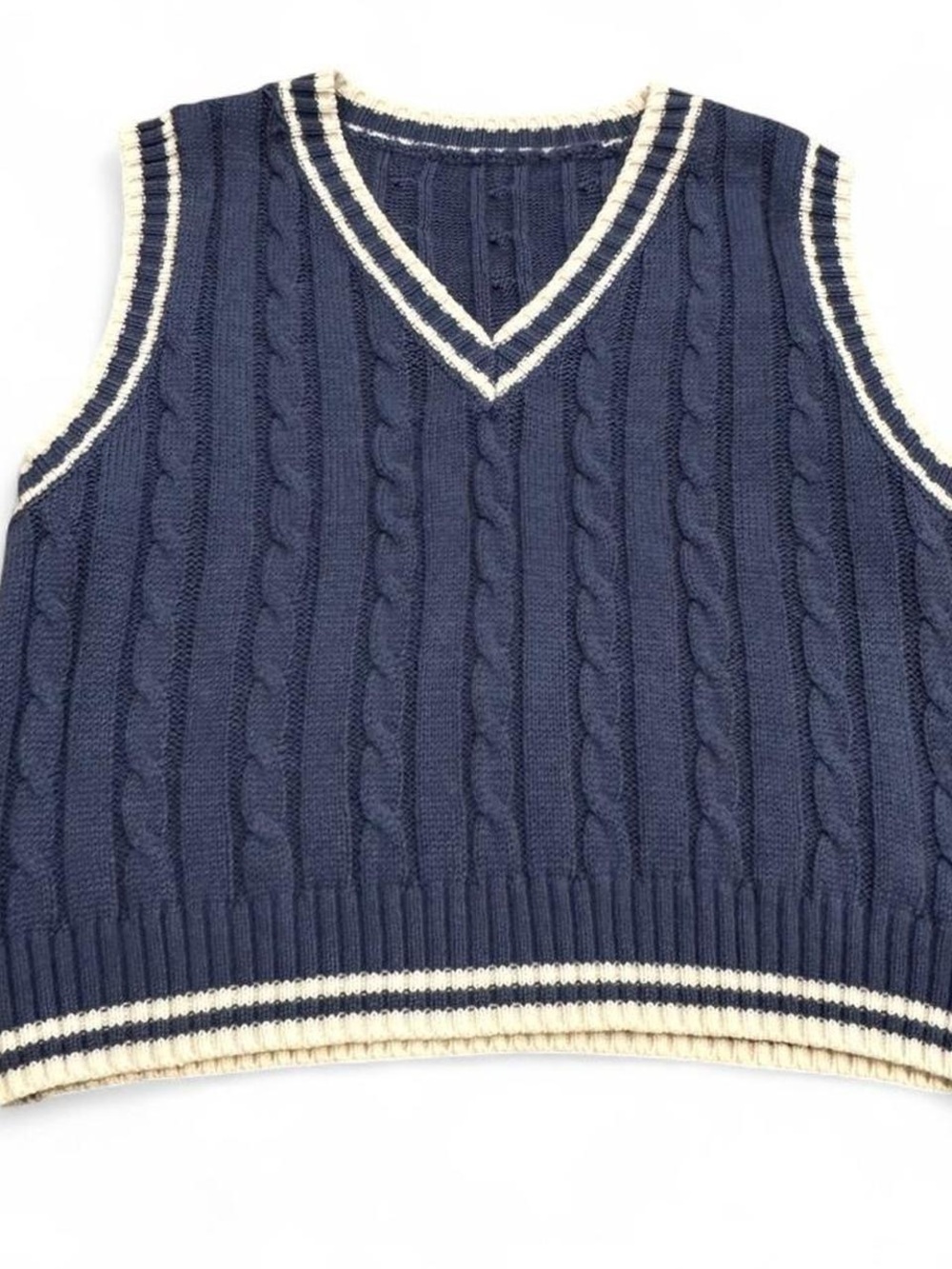 SHEIN Navy Cable Knit V-Neck Crop Vest with Cream Trim